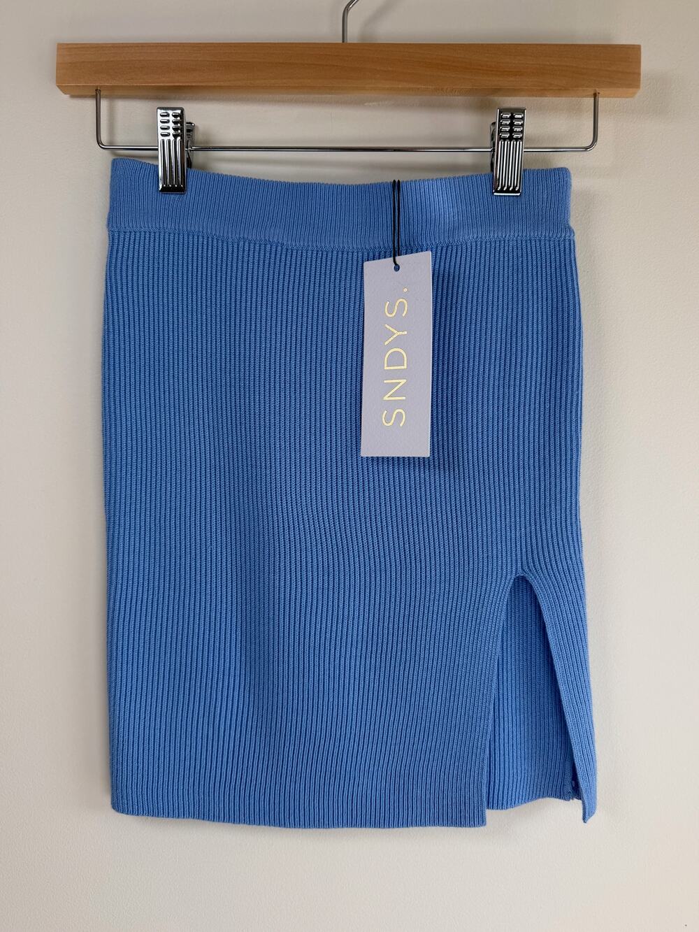 NWT SNDYS Blue Ribbed Knit Mini Skirt Womens XS Side Slit Stretch Bodycon Spring